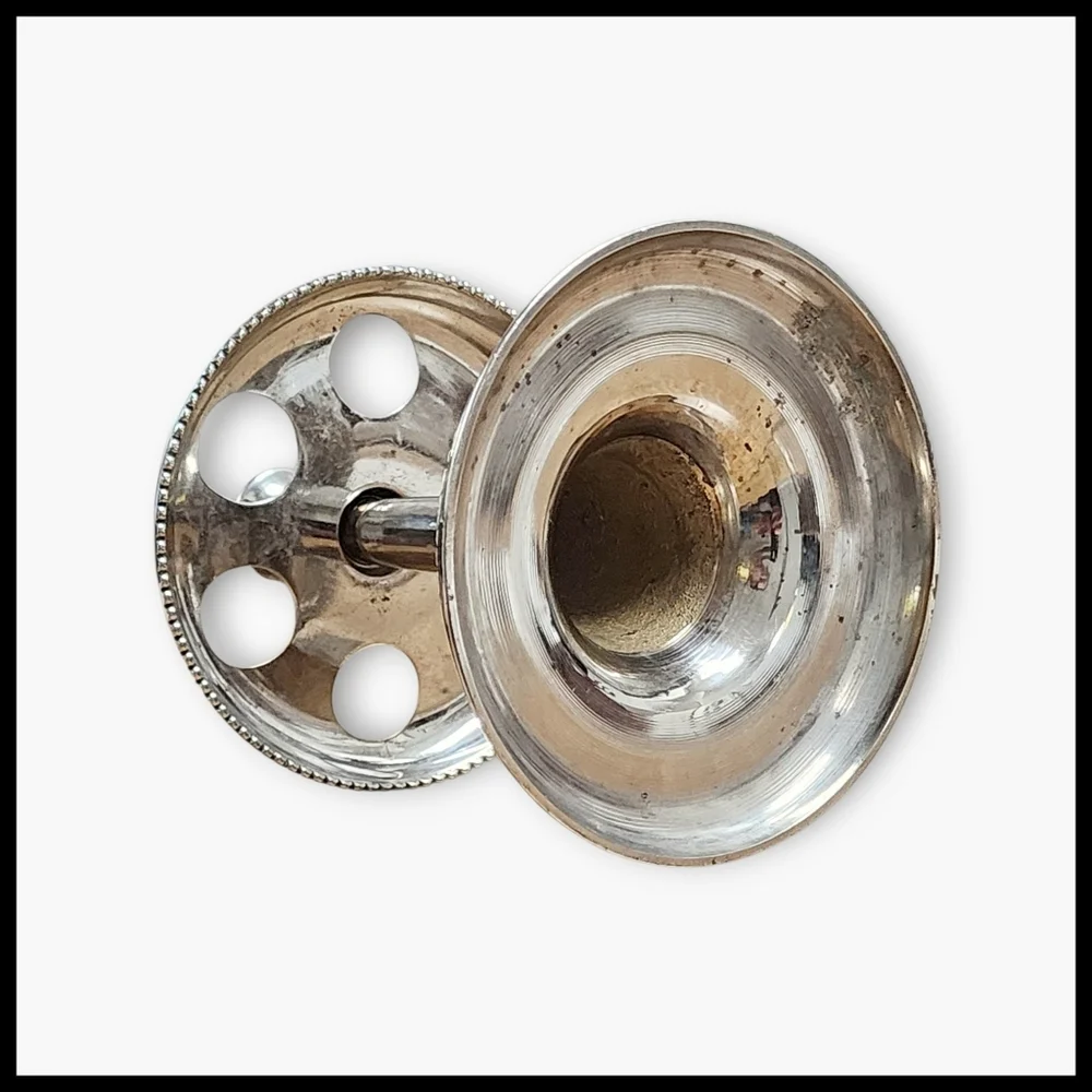 Vintage Brass Scallop Beaded Pedestal Toothbrush Holder Polished Silver Tone